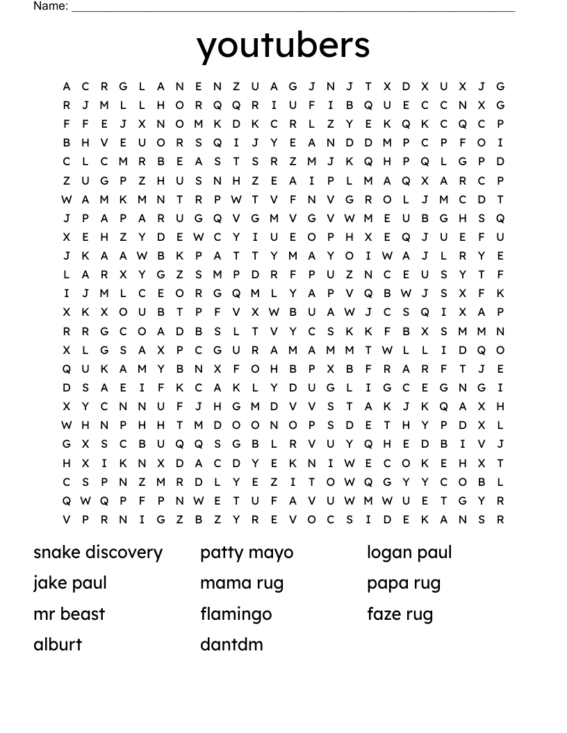 youtubers Word Search