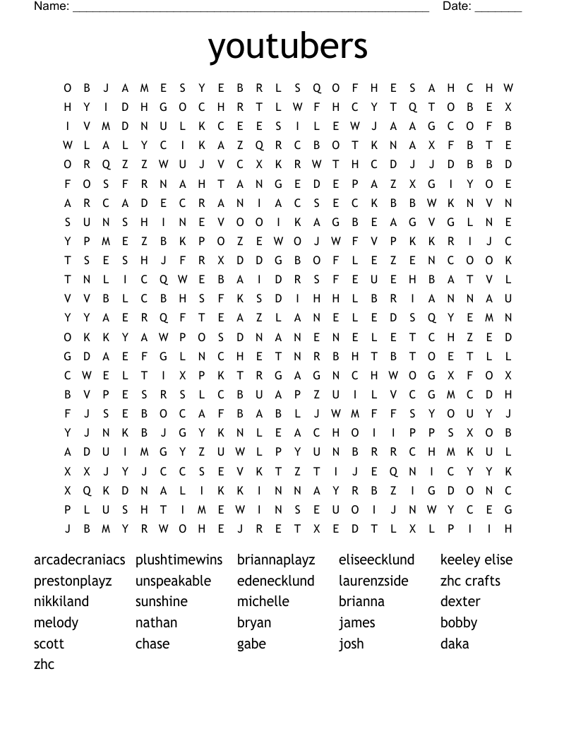 youtubers Word Search