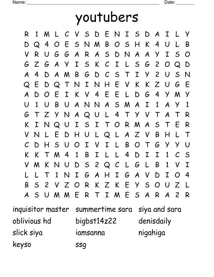 youtubers Word Search
