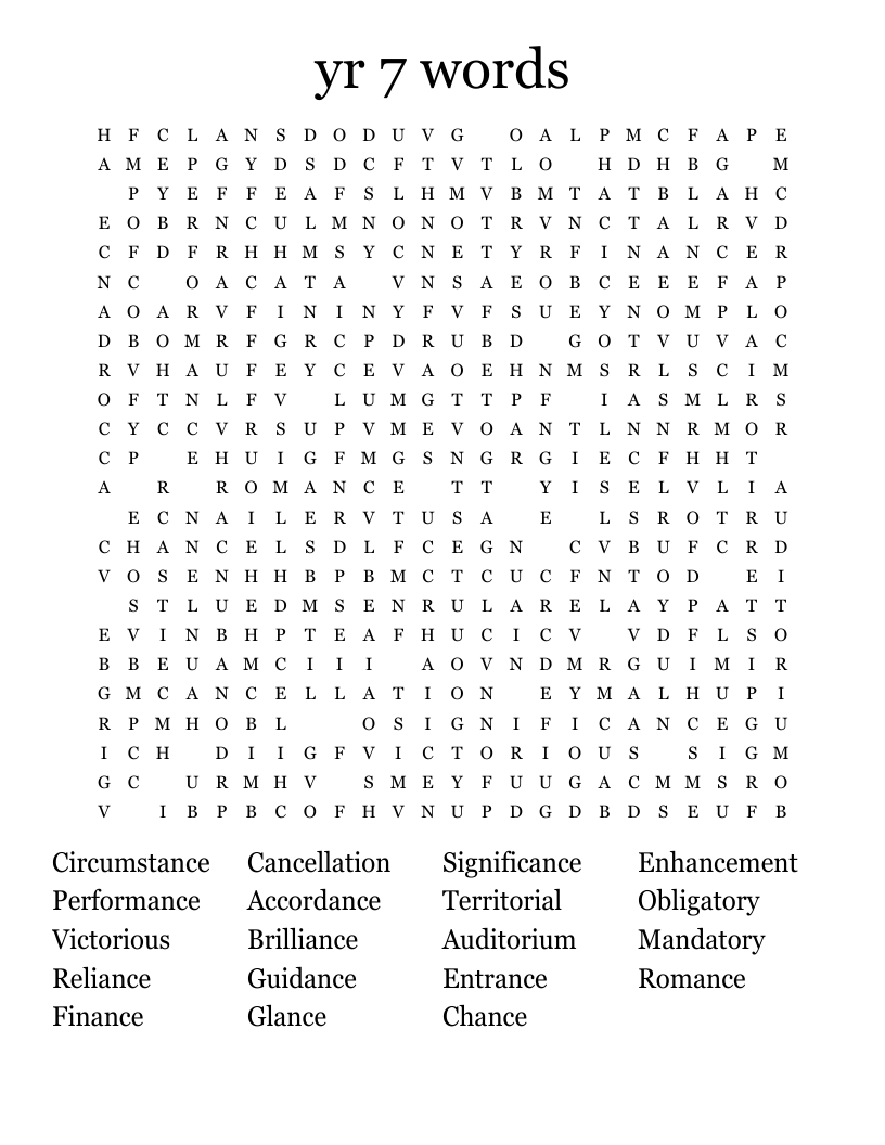 yr 7 words Word Search