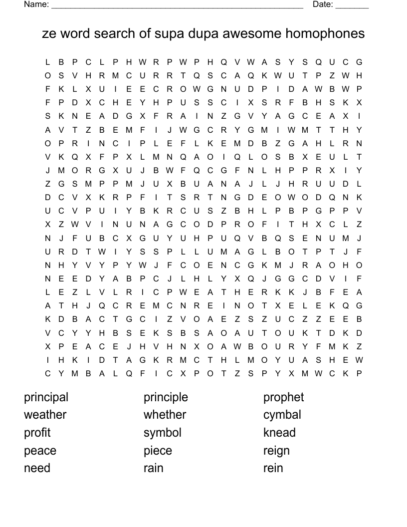 ze word search of supa dupa awesome homophones