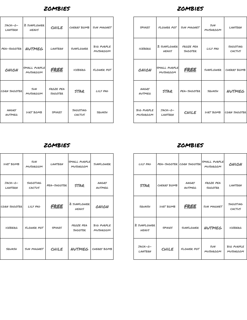 zombies Bingo Cards