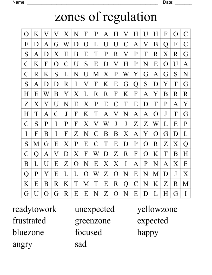 zones of regulation Word Search