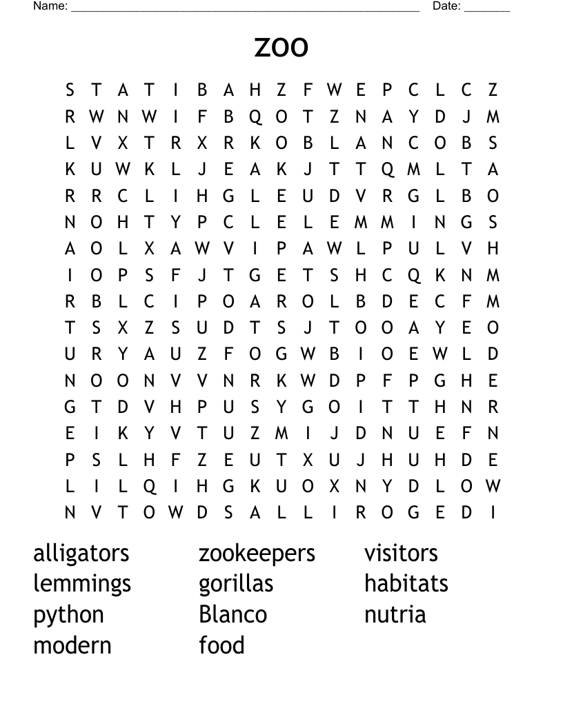 zoo Word Search