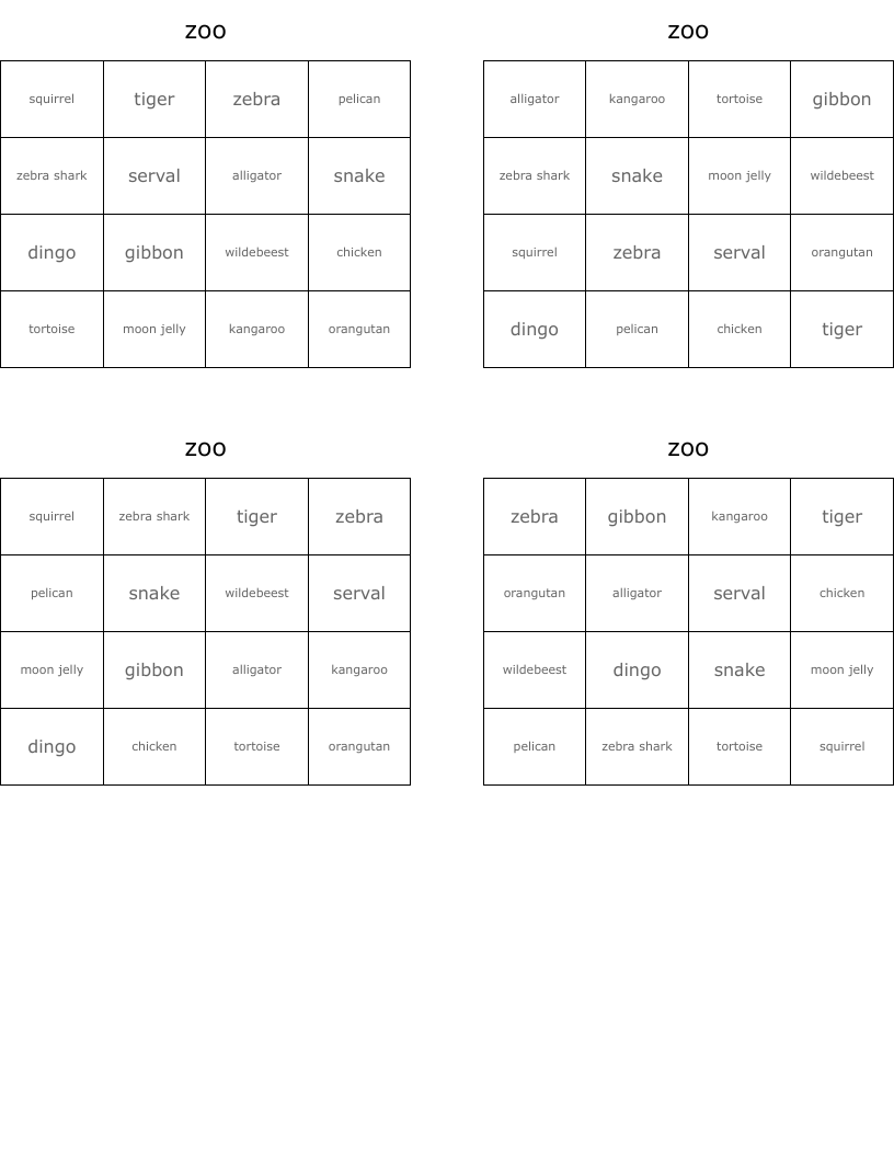 zoo Bingo Cards