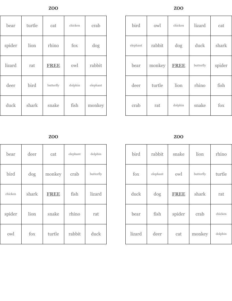 zoo Bingo Cards