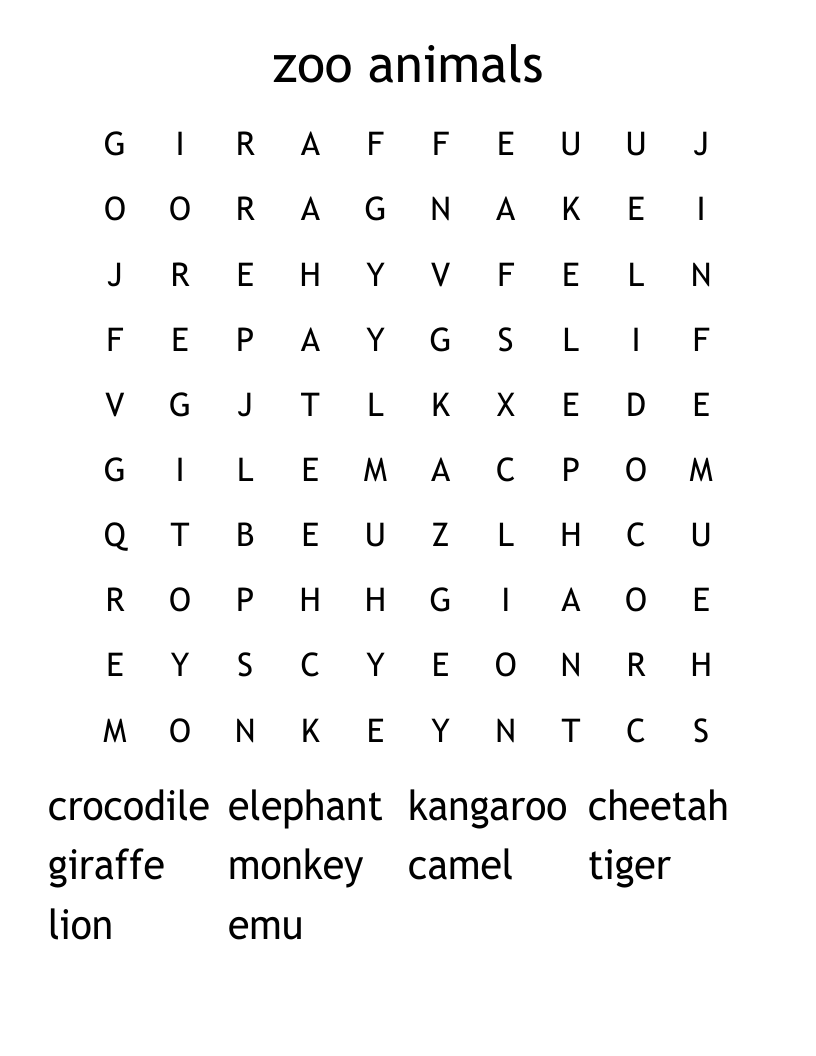 zoo animals Word Search