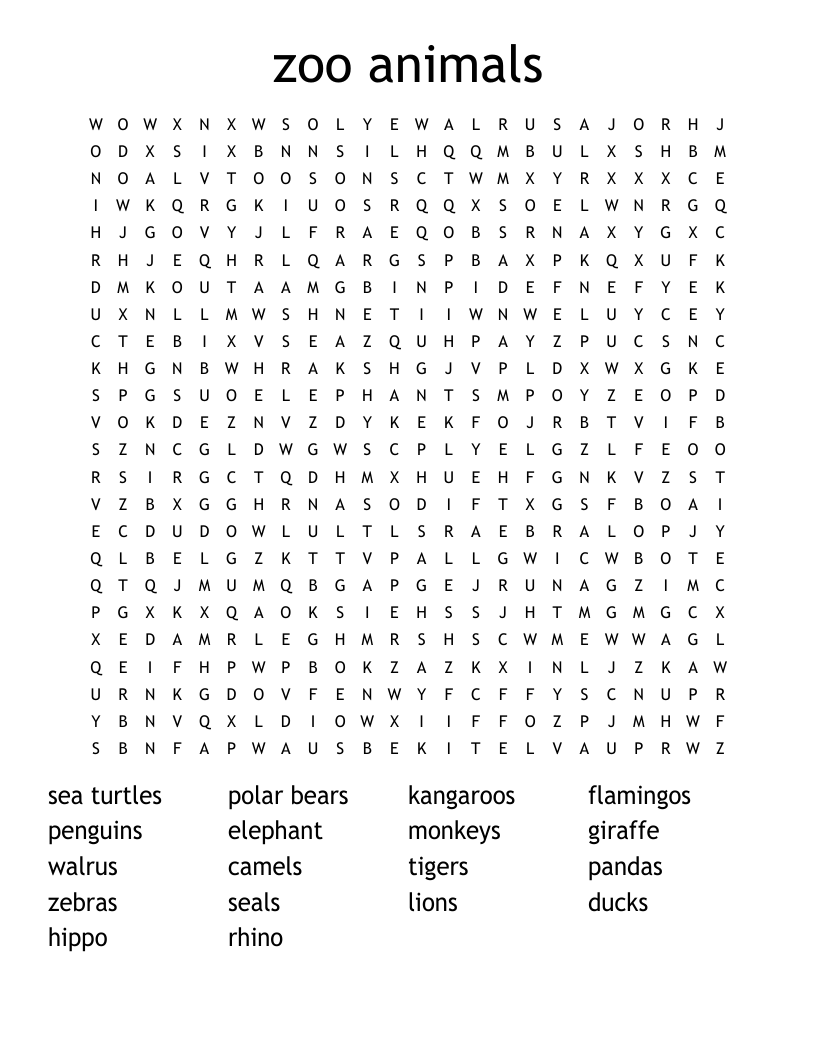 zoo animals Word Search