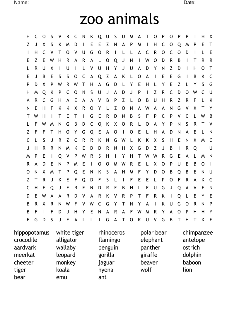 zoo animals Word Search