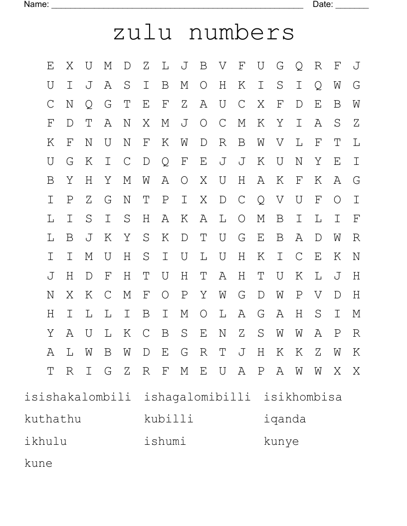 zulu numbers Word Search