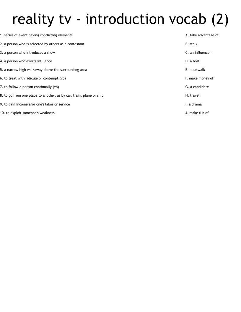 reality tv - introduction vocab (2) Worksheet