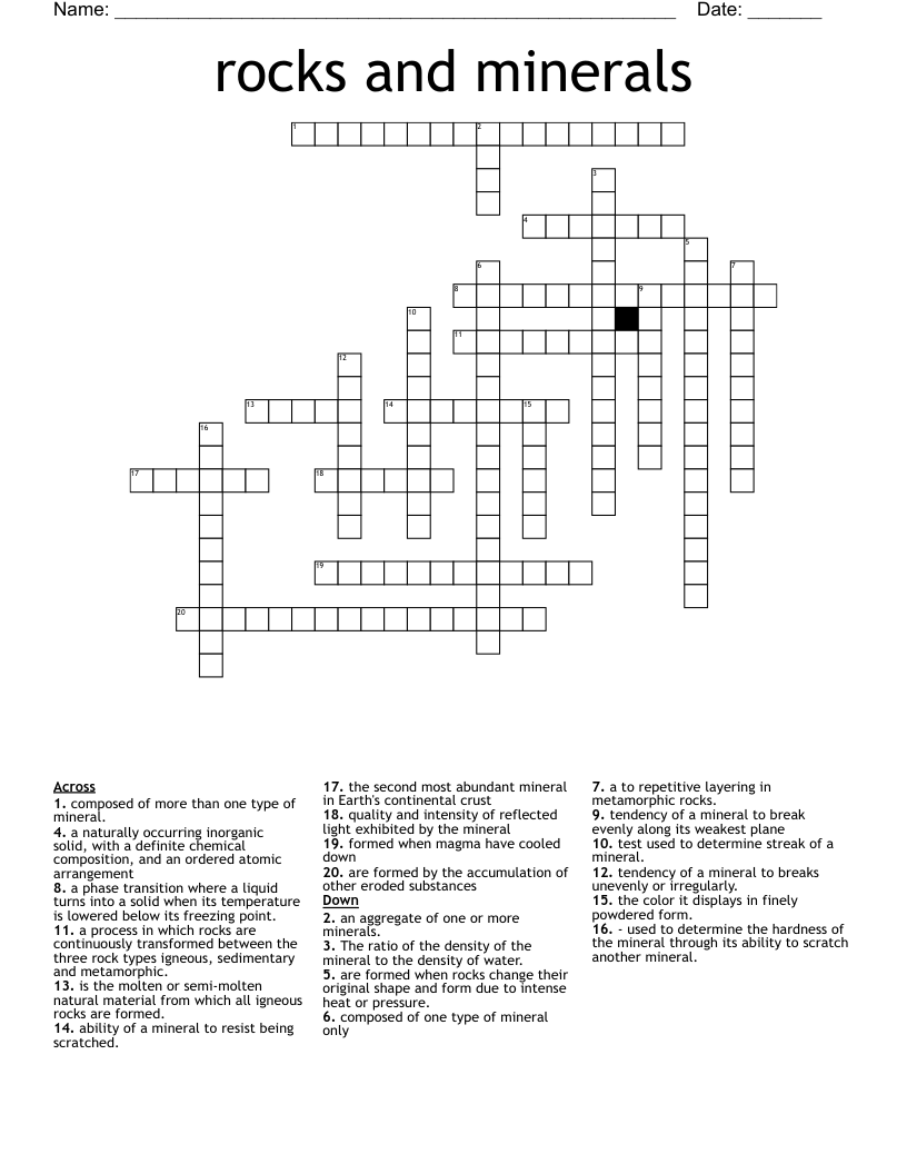 rocks and minerals Crossword