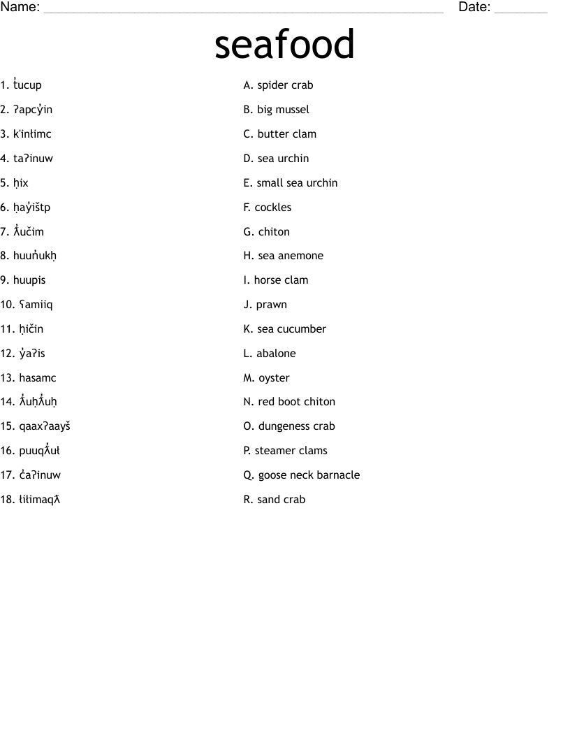 seafood Worksheet