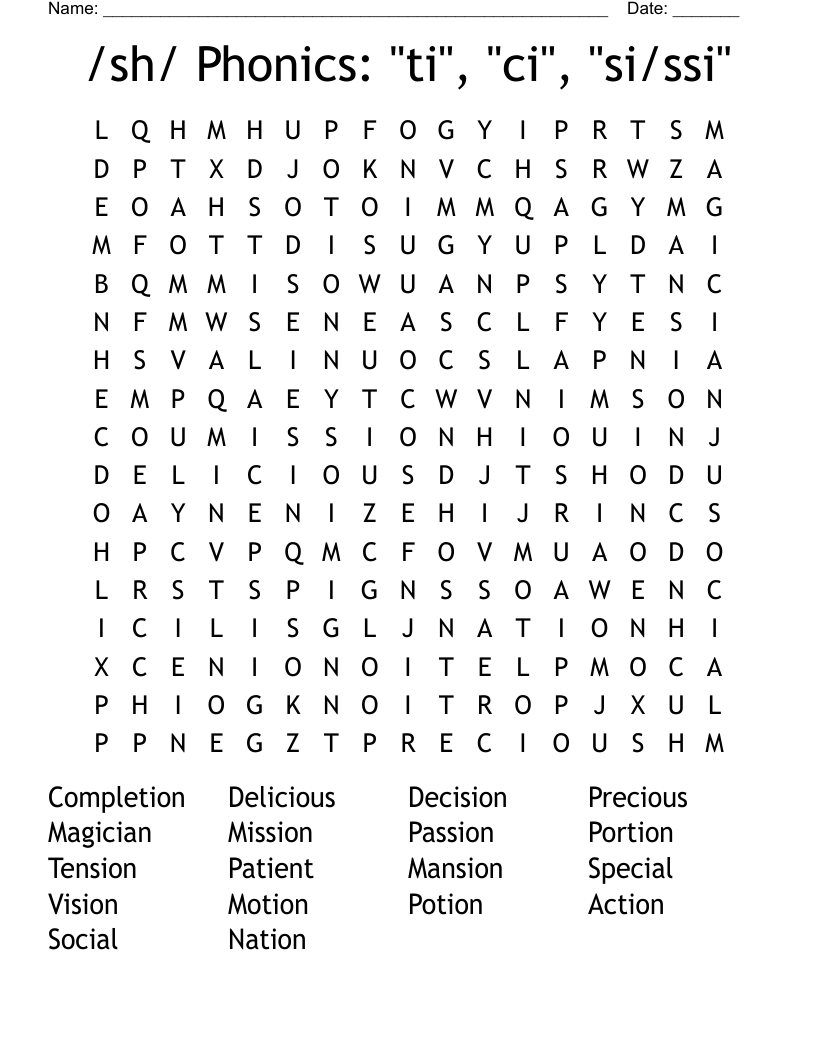 /sh/ Phonics: "ti", "ci", "si/ssi" Word Search