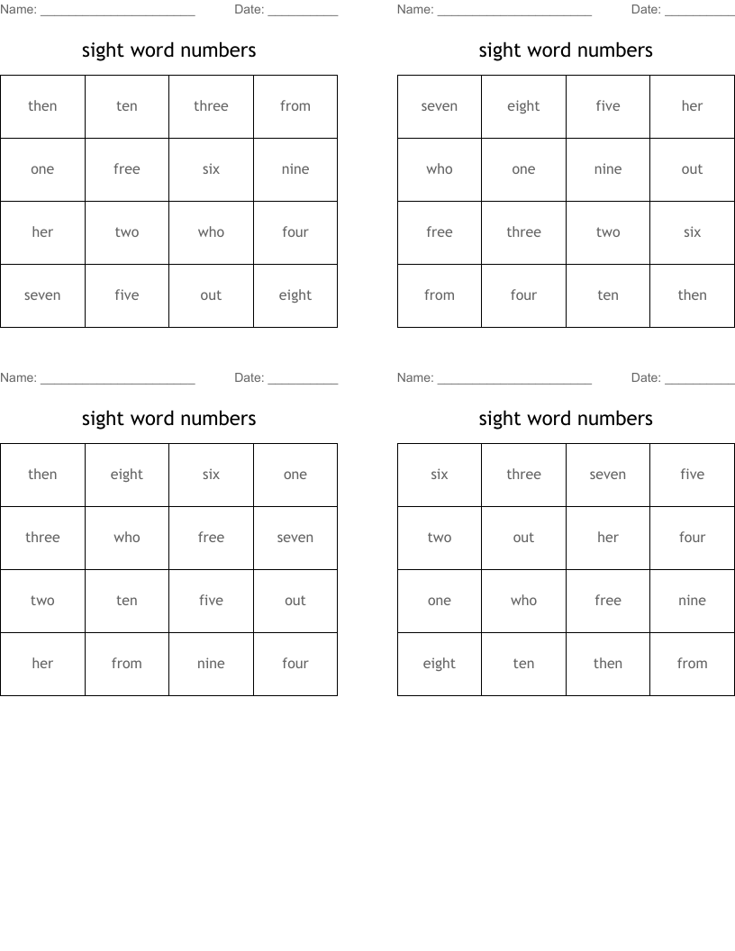 sight word numbers Bingo Cards
