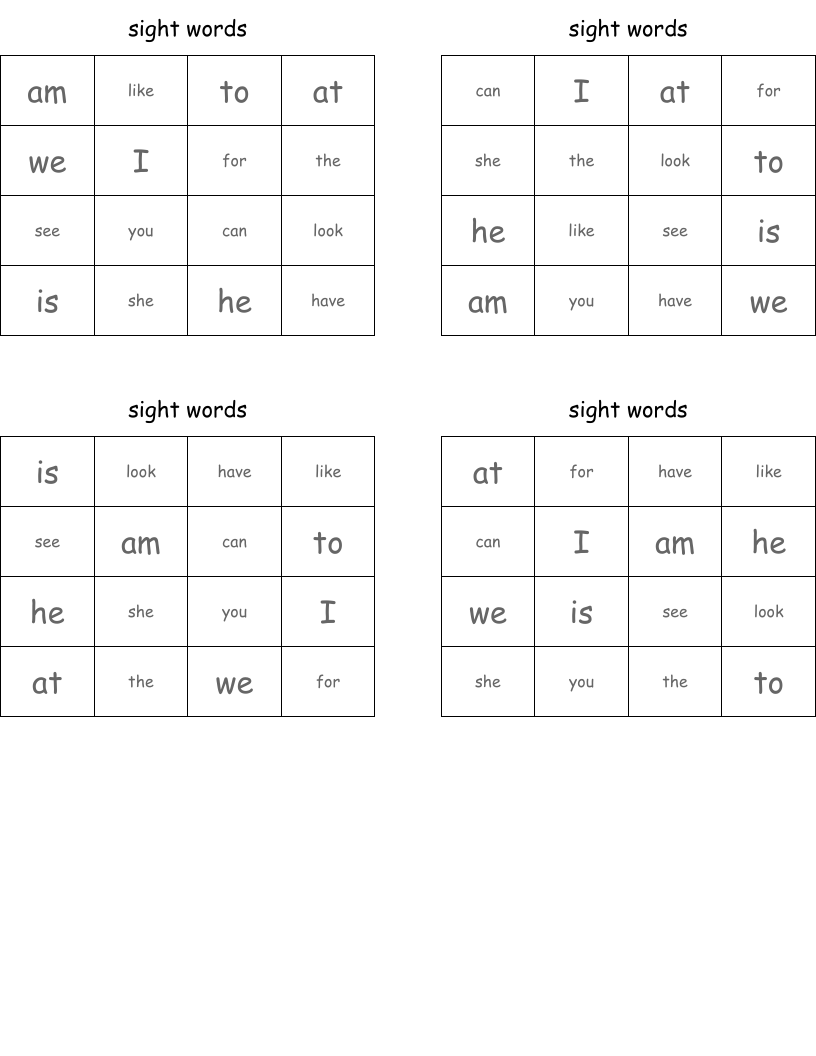 sight words  Bingo Cards