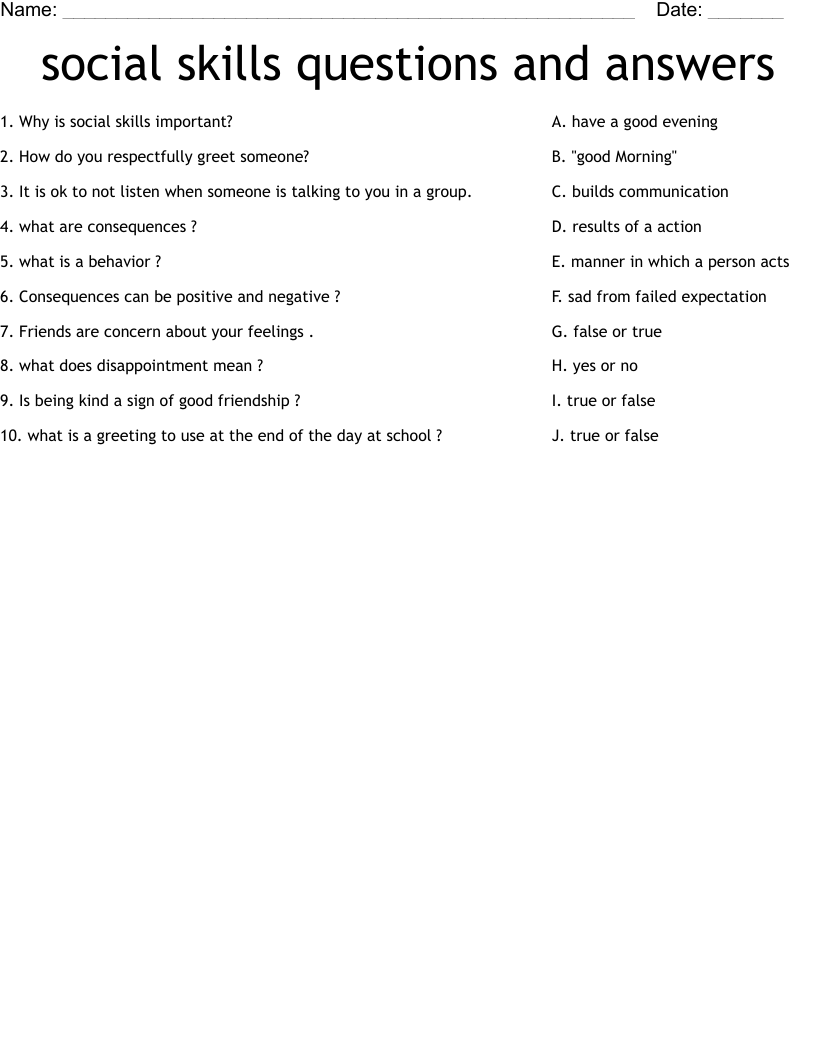 social skills questions and answers Worksheet