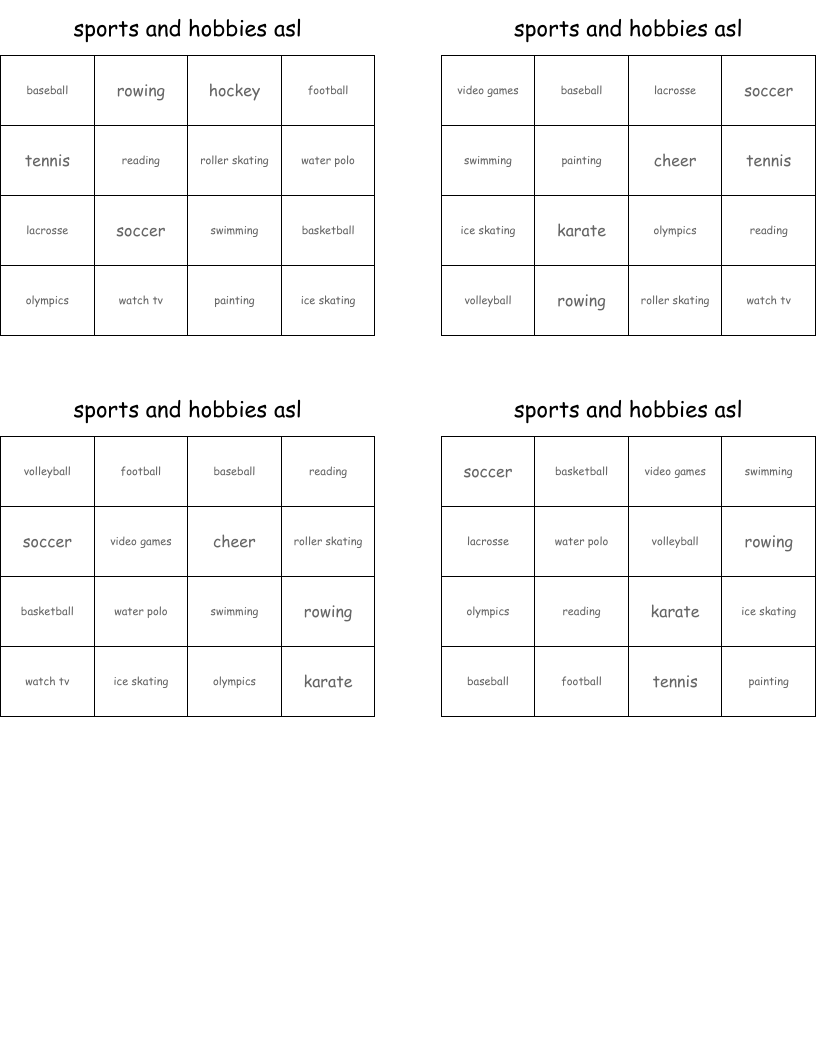 sports and hobbies asl Bingo Cards