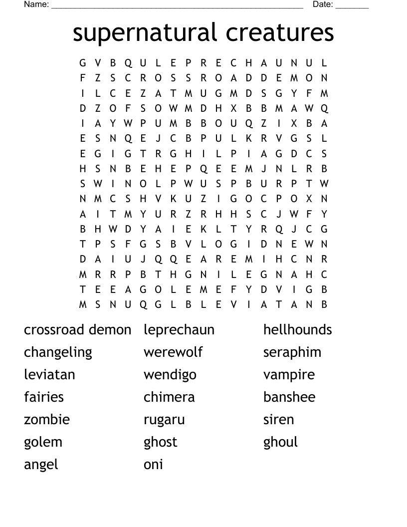 supernatural creatures Word Search