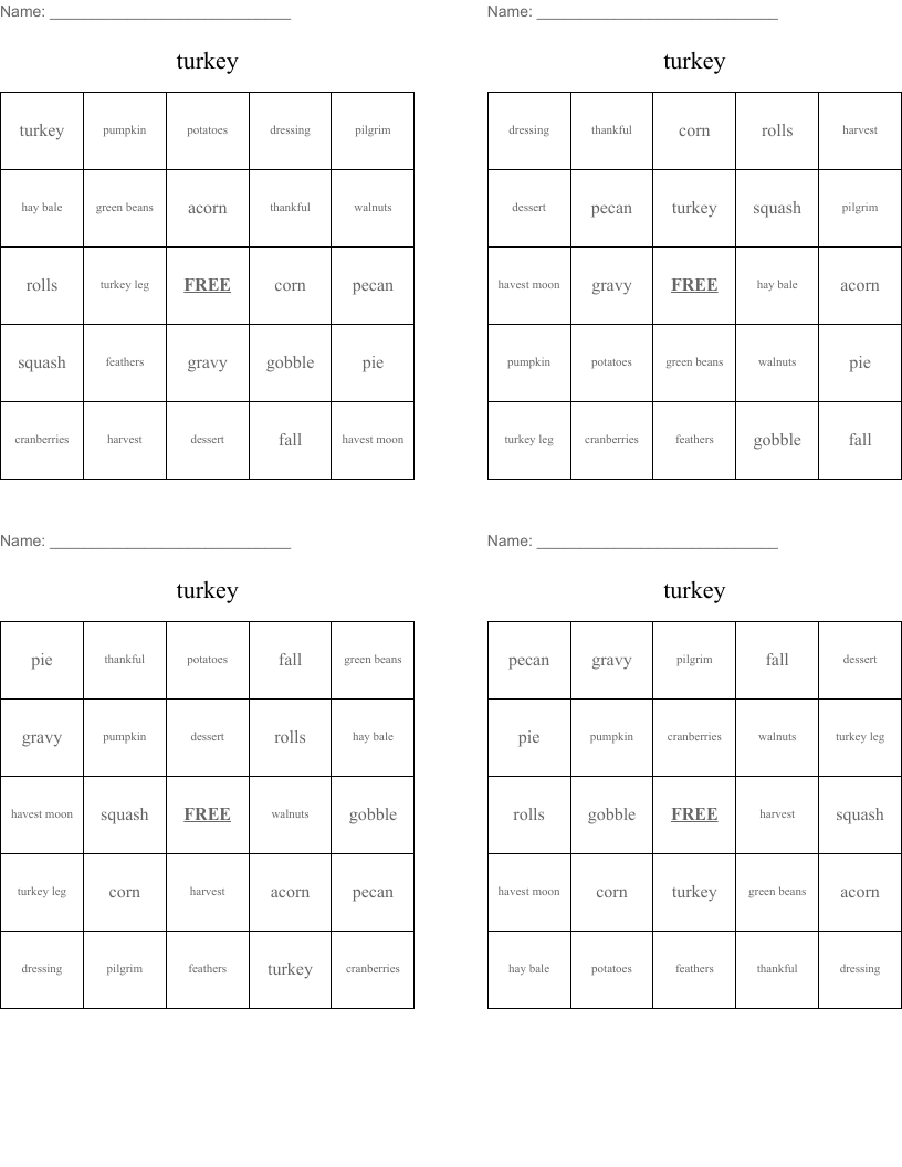 turkey Bingo Cards