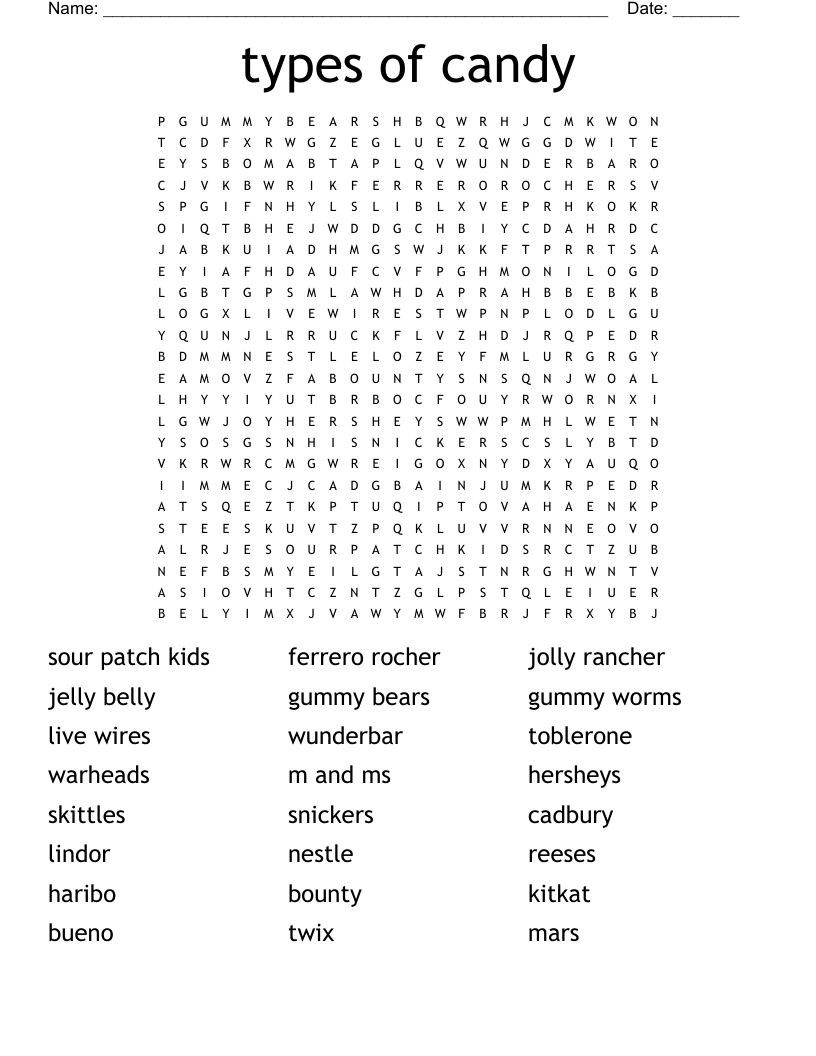 types of candy Word Search