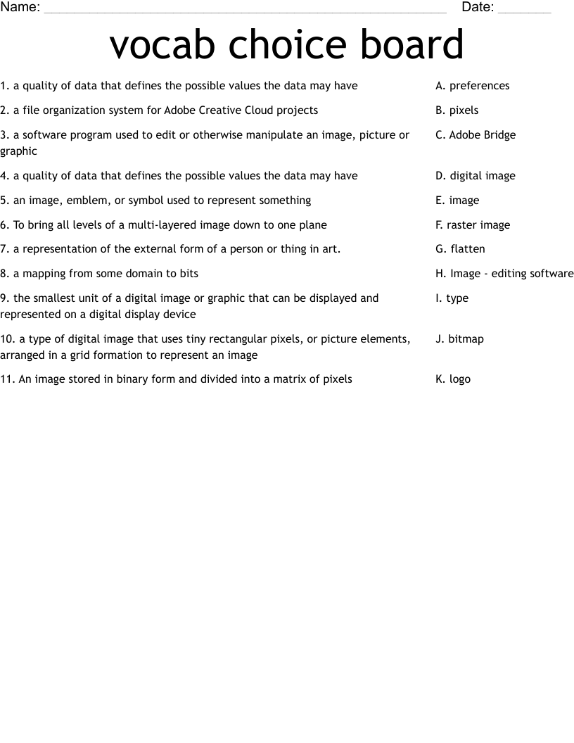 vocab choice board  Worksheet