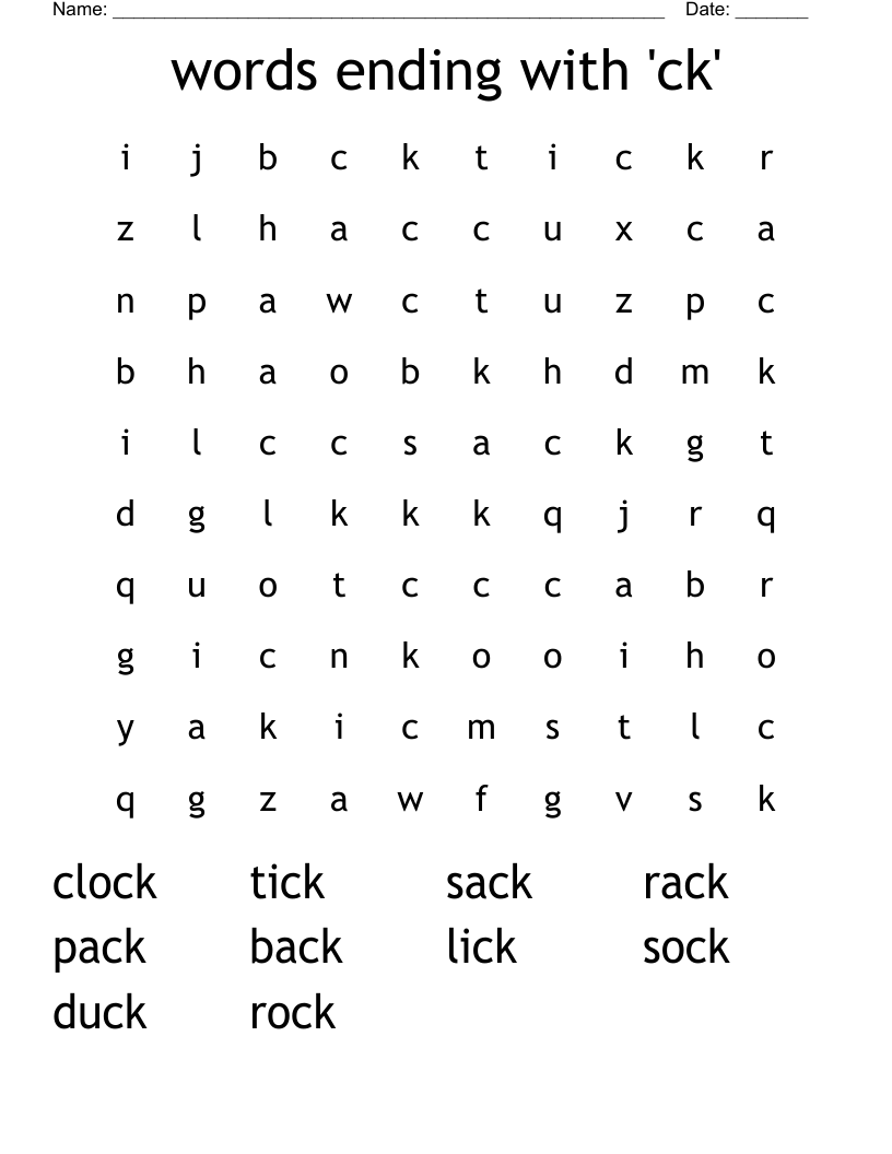 words ending with 'ck' Word Search
